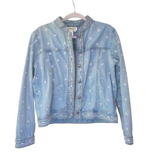 Vintage Coldwater Creek Starry Night Embroidered Denim Jacket size S 90s y2k